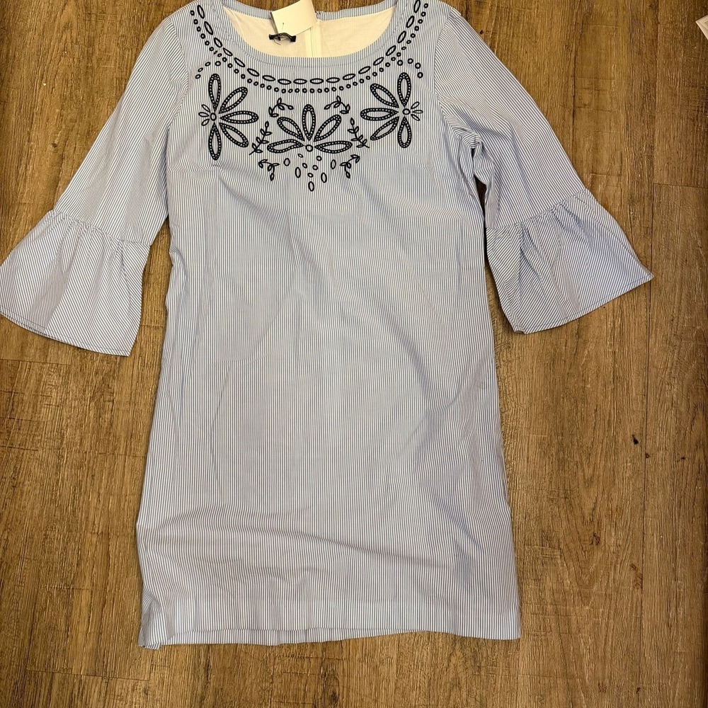Talbots Blue Striped Embroidered Preppy Belted Dress Sz 8